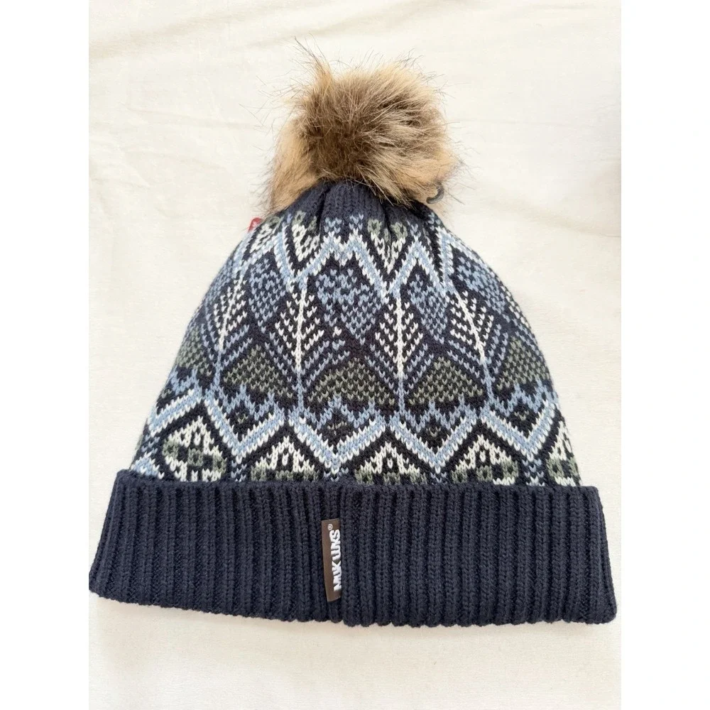 Muk Luks Women's Fair Isle Beanie Hat And Glove Set Black Gray,Blue Faux Fur Pom